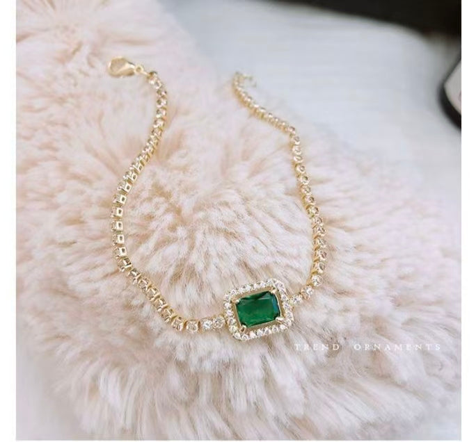 Luxury Emerald Zircon Tennis Bracelet, Elegant Dainty Gold Bracelet, High End Minimalist Women Jewelry