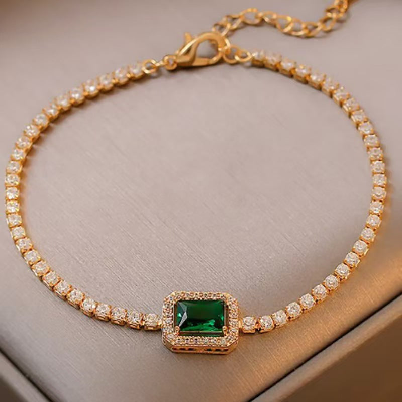 Luxury Emerald Zircon Tennis Bracelet, Elegant Dainty Gold Bracelet, High End Minimalist Women Jewelry