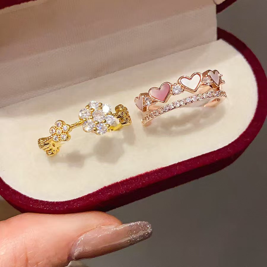 Rose Gold Heart Shell Zircon Double Layer Open Ring Luxury Elegant Stackable Finger Ring
