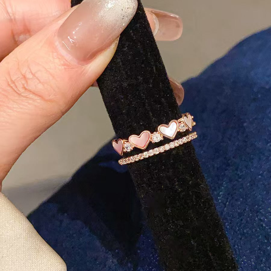 Rose Gold Heart Shell Zircon Double Layer Open Ring Luxury Elegant Stackable Finger Ring