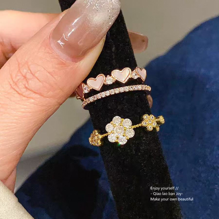 Rose Gold Heart Shell Zircon Double Layer Open Ring Luxury Elegant Stackable Finger Ring