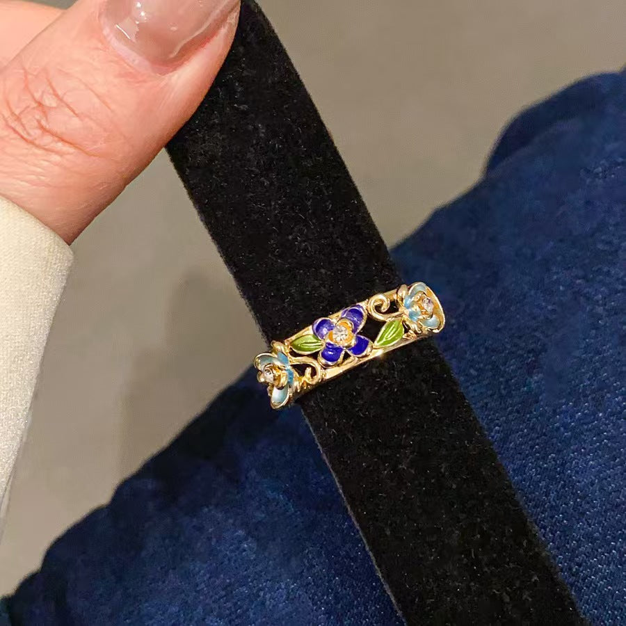 18K Gold Plated Vintage Enamel Flower Open Ring Luxury Retro Statement Index Finger Ring