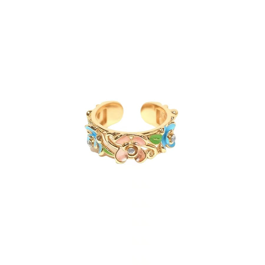 18K Gold Plated Vintage Enamel Flower Open Ring Luxury Retro Statement Index Finger Ring