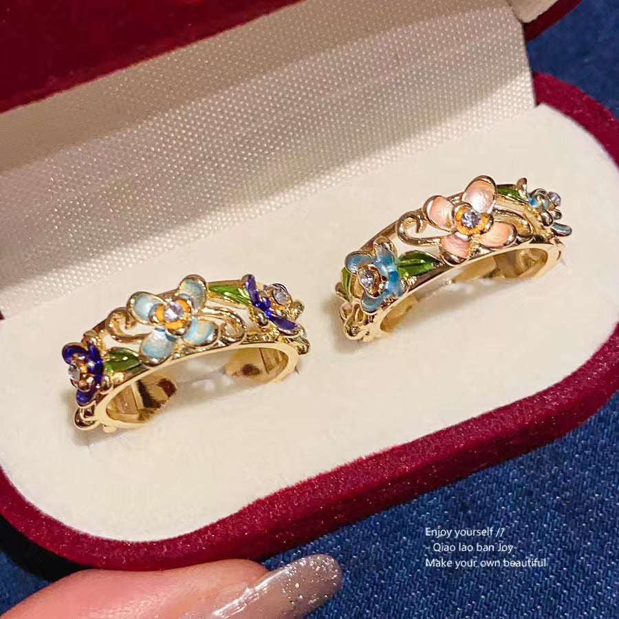 18K Gold Plated Vintage Enamel Flower Open Ring Luxury Retro Statement Index Finger Ring