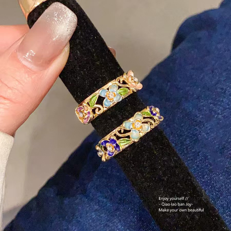 18K Gold Plated Vintage Enamel Flower Open Ring Luxury Retro Statement Index Finger Ring