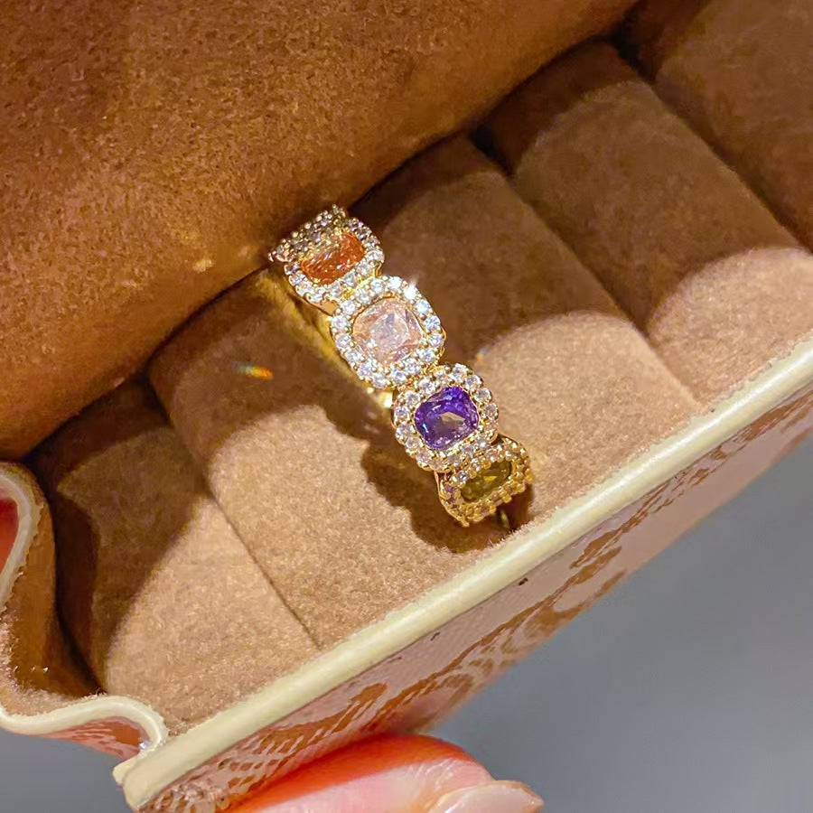 14K Gold Plated Colorful Square Zircon Open Ring Luxury Stackable Statement Finger Ring