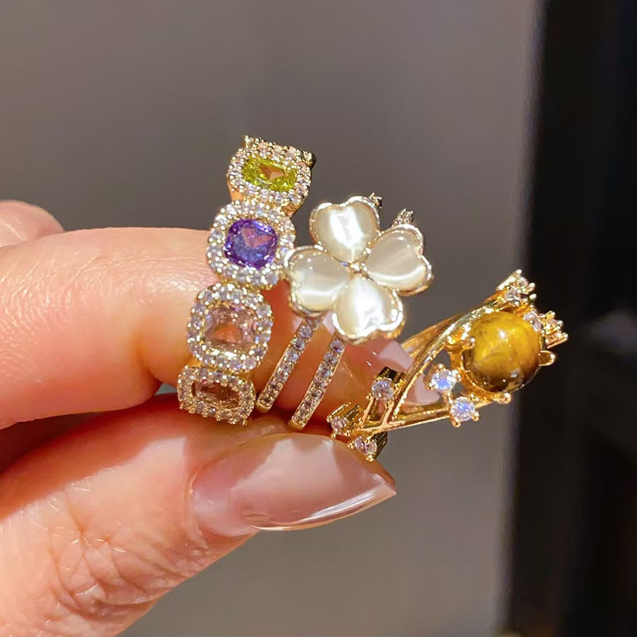14K Gold Plated Colorful Square Zircon Open Ring Luxury Stackable Statement Finger Ring
