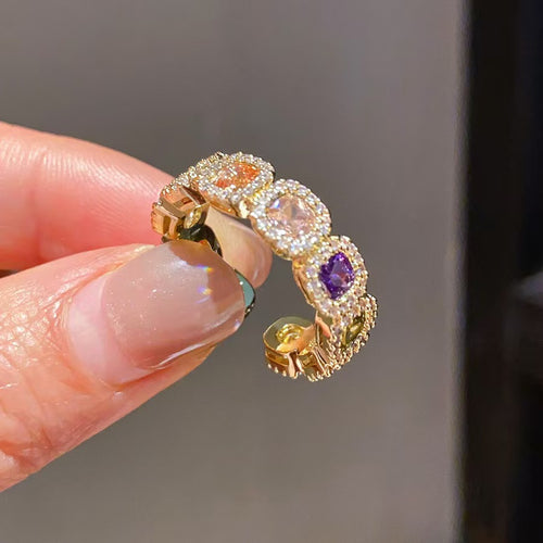 14K Gold Plated Colorful Square Zircon Open Ring Luxury Stackable Statement Finger Ring