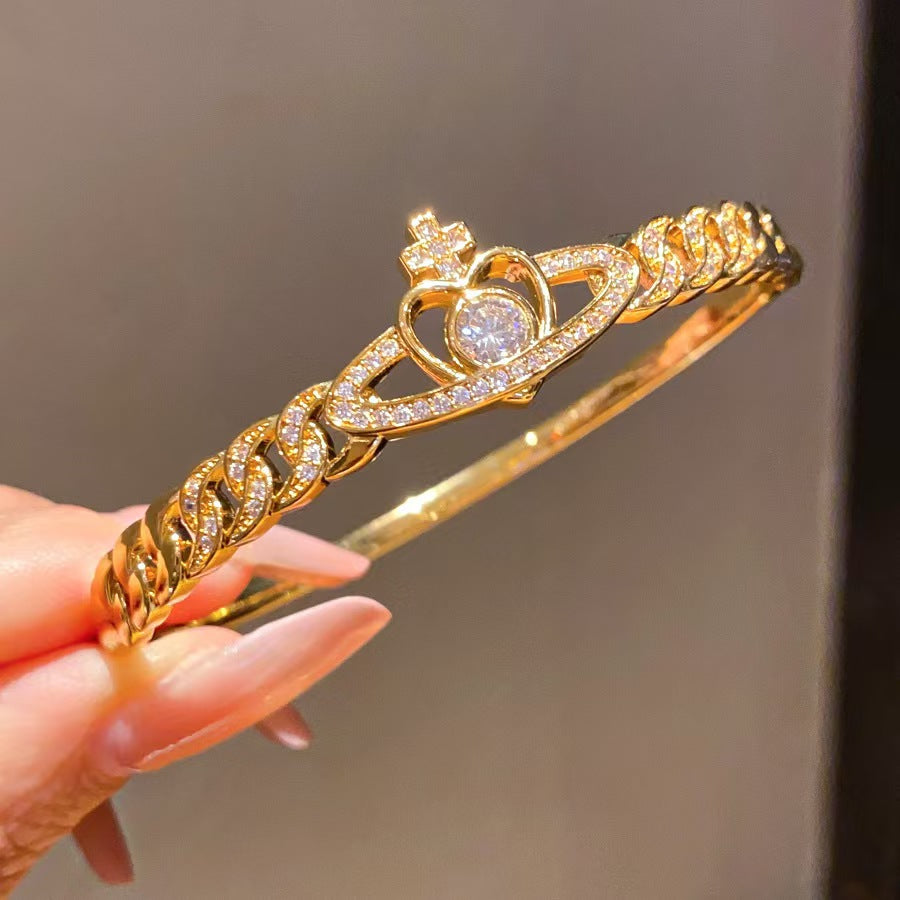18K Gold Plated Saturn Heart Zircon Bangle Vintage Chain Design Luxury Statement Bracelet