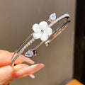 Silver Tone White Shell Flower Zircon Open Bangle Elegant Double Layer Women Bracelet