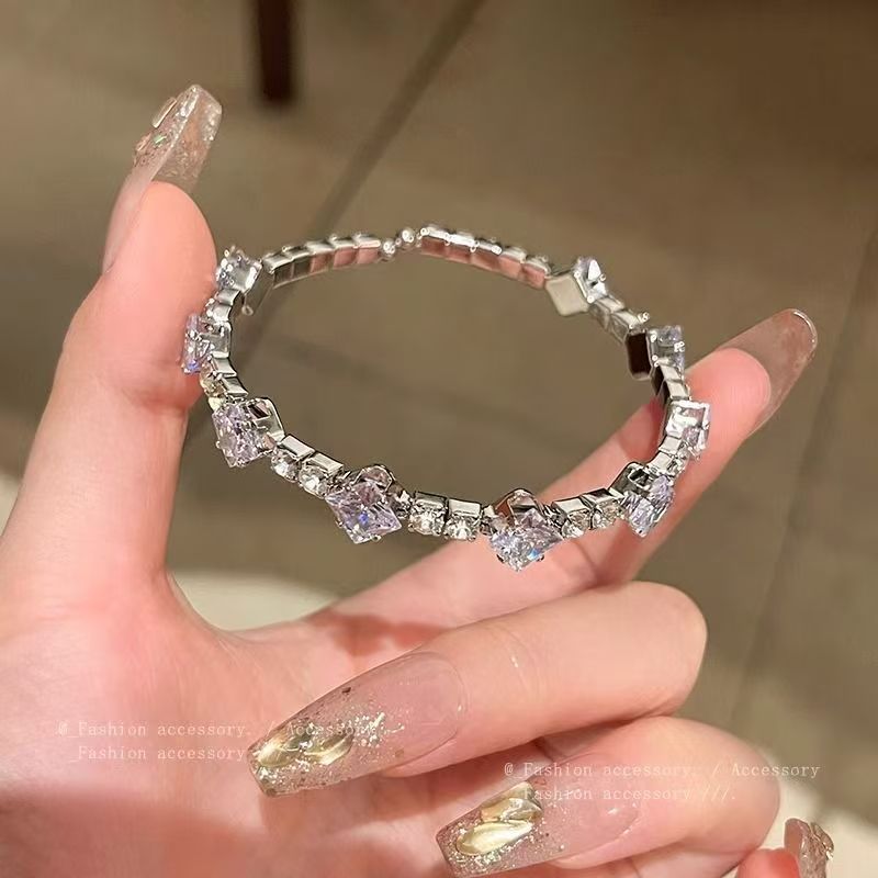 Silver Tone Sparkling Square Zircon Bangle Minimalist Ice Texture Luxury Women Bracelet