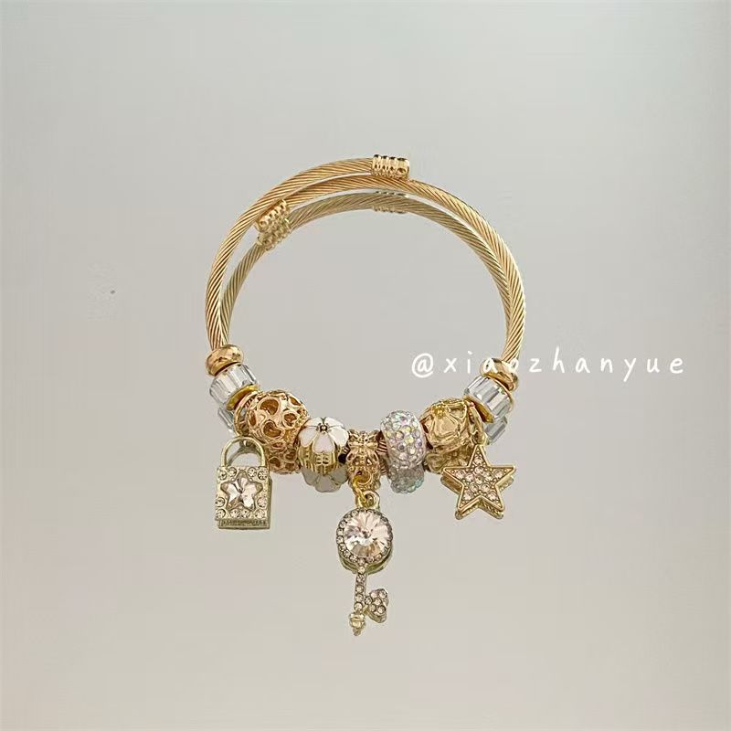 Gold Star Key Lock Charm Bangle Luxury Pandora Style Beaded Bracelet For Women