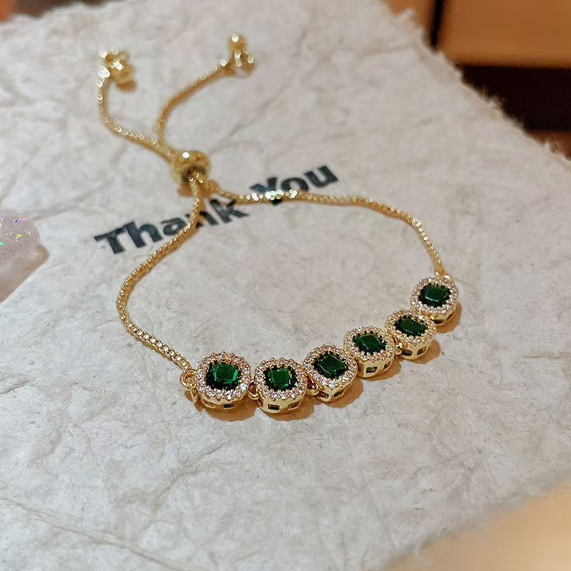 Gold Tone Olive & Navy Crystal Halo Slider Adjustable Charm Bracelet Luxury Minimalist Women Jewelry