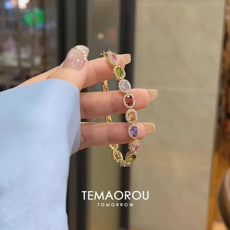 14K Gold Plated Rainbow Multi Color Gem Zircon Tennis Bracelet Luxury Vintage Women Fine Jewelry