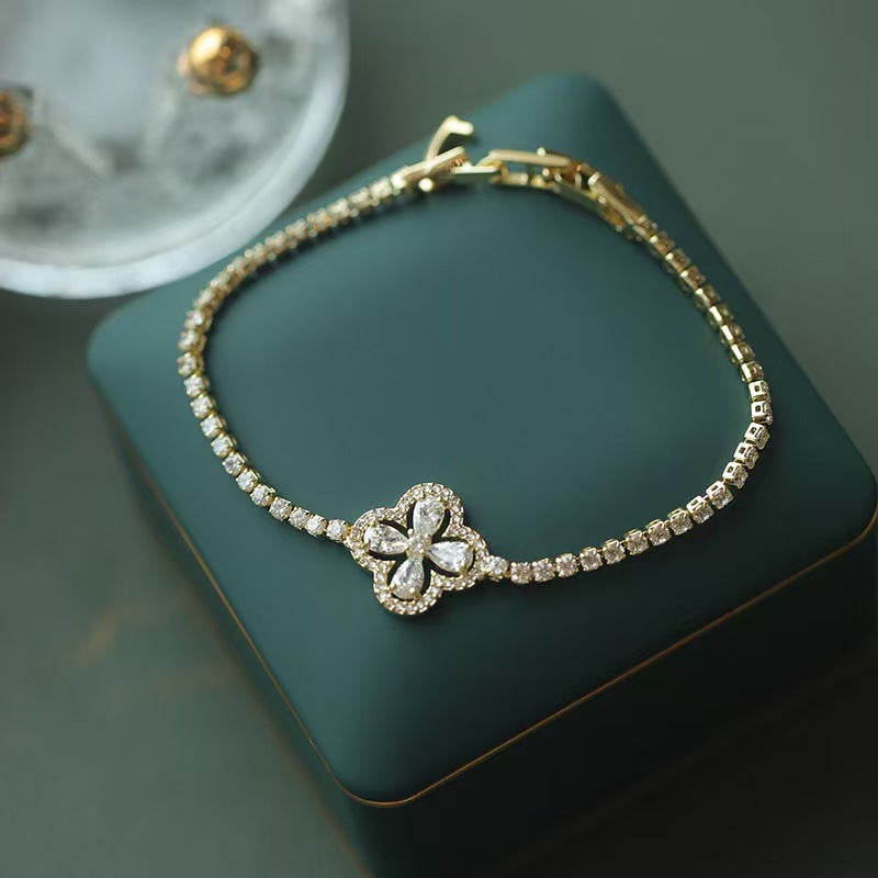 18K Gold Plated Four Leaf Clover Full Zircon Tennis Bracelet Luxury Elegant Women Fine Jewelry