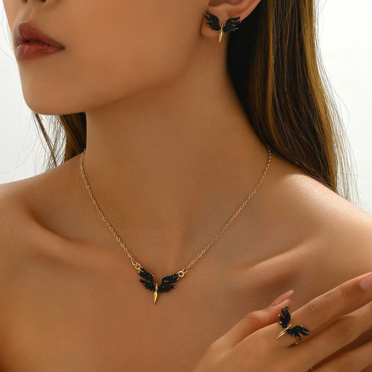 Luxury Black Angel Wing 3 in 1 Jewelry Set | Necklace Earrings Ring Women Statement Suit