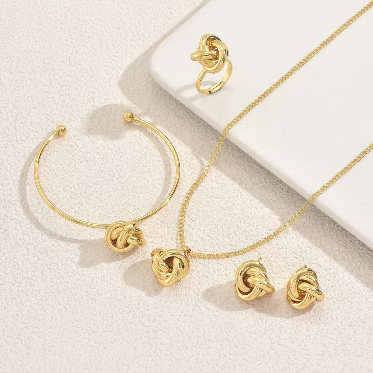 14K Gold Plated Knot 4Pcs Jewelry Set Minimalist Twist Earring Necklace Ring Bangle Women Luxury OL Suit