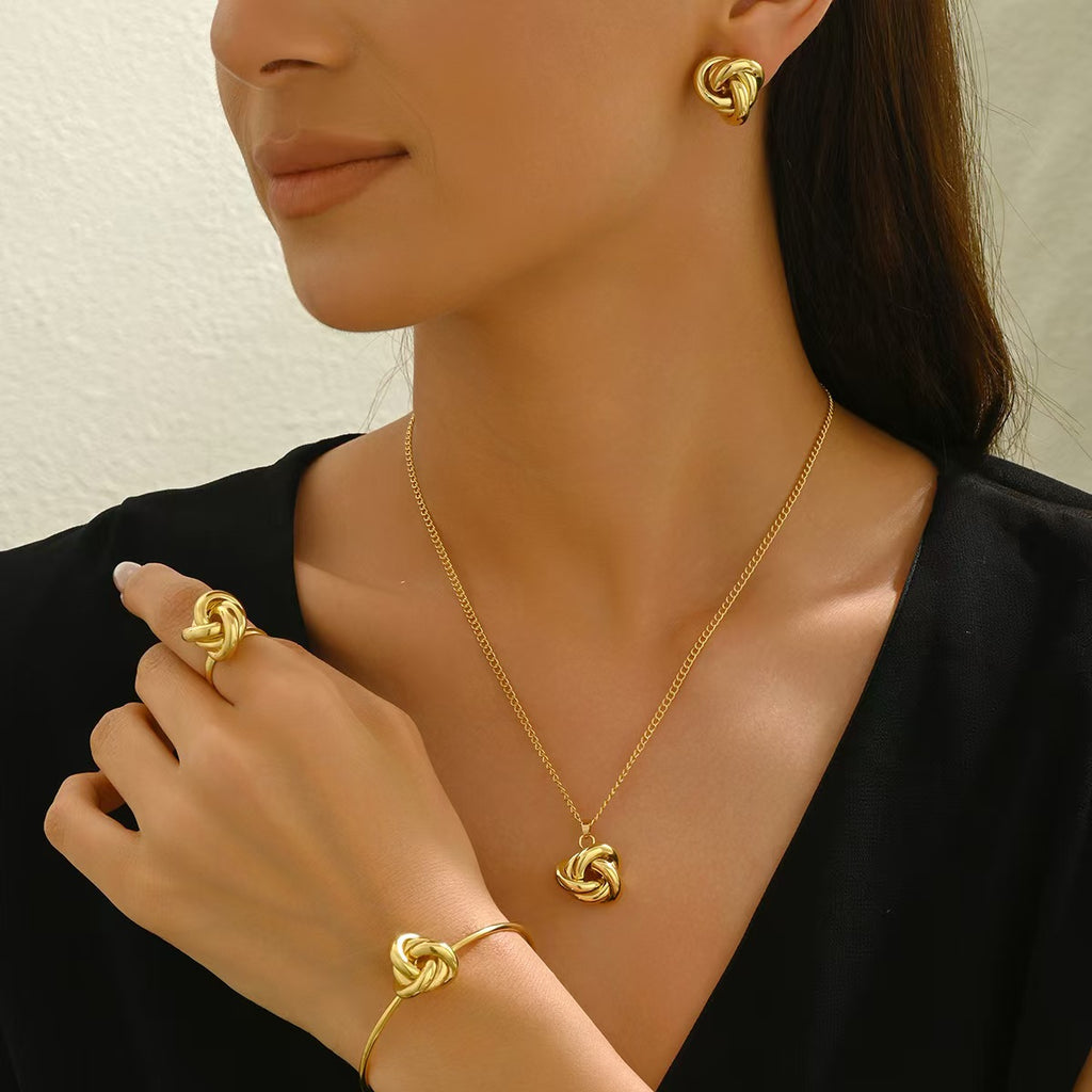 14K Gold Plated Knot 4Pcs Jewelry Set Minimalist Twist Earring Necklace Ring Bangle Women Luxury OL Suit