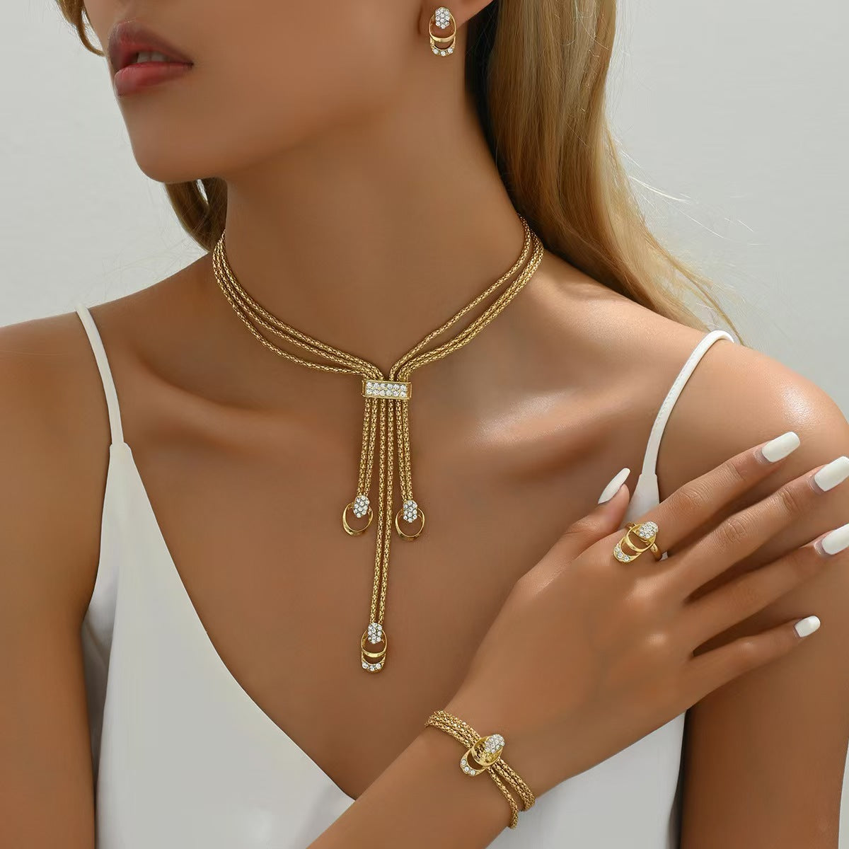 Luxury Gold Multi Layer Tassel Diamond 4Pcs Jewelry Set Necklace Earrings Ring Bracelet Evening Party Collection