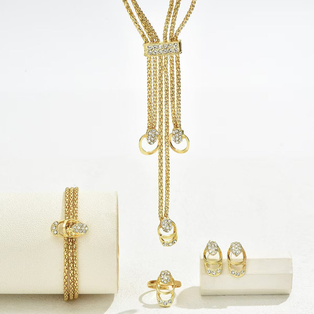 Luxury Gold Multi Layer Tassel Diamond 4Pcs Jewelry Set Necklace Earrings Ring Bracelet Evening Party Collection