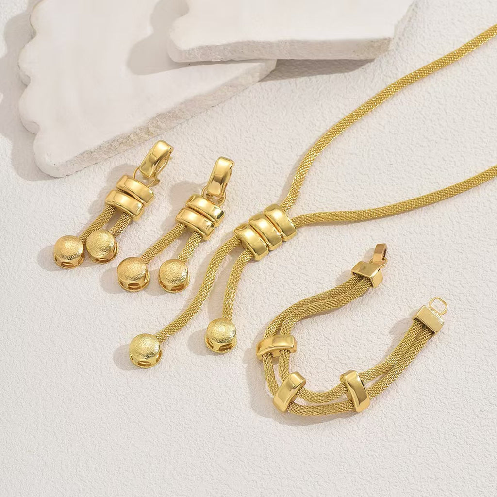 18K Gold Matte Ball Tassel 3Pcs Jewelry Set Necklace Earrings Bracelet Luxury OL Women Suit