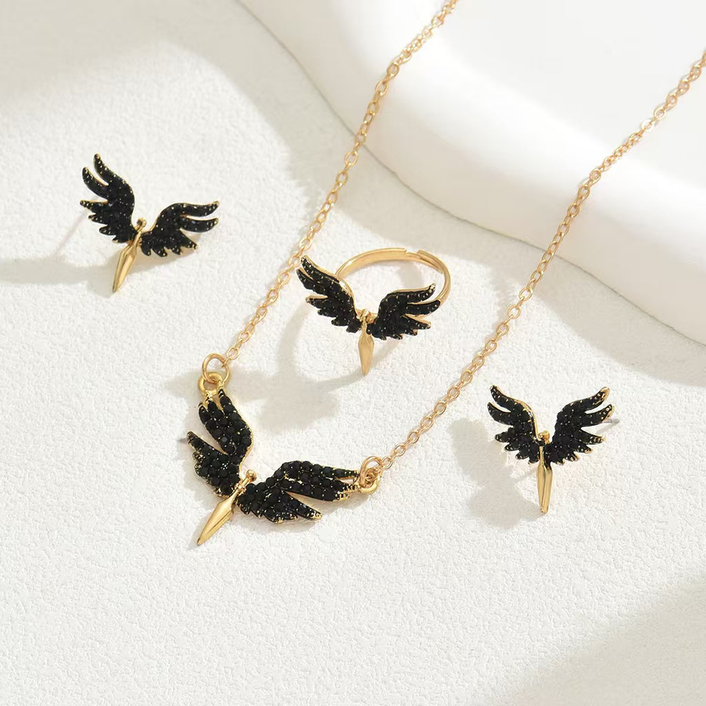 Luxury Black Angel Wing 3 in 1 Jewelry Set | Necklace Earrings Ring Women Statement Suit