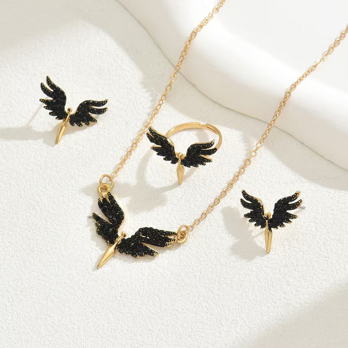 Luxury Black Angel Wing 3 in 1 Jewelry Set | Necklace Earrings Ring Women Statement Suit