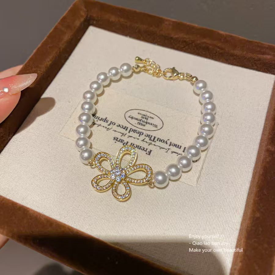 Gold Hollow Flower Zircon Pearl Jewelry Set, Stud Earrings + Pearl Choker Necklace Women Luxury Wedding Daily Suit