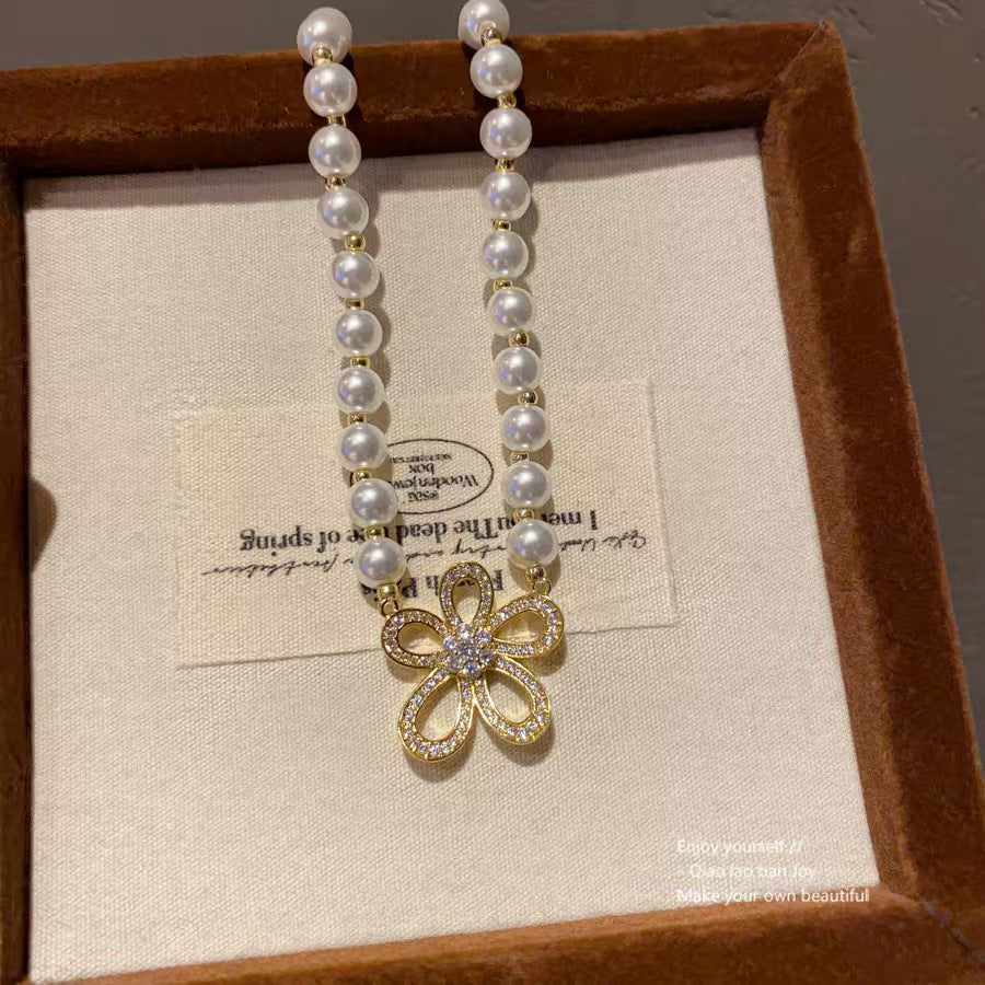 Gold Hollow Flower Zircon Pearl Jewelry Set, Stud Earrings + Pearl Choker Necklace Women Luxury Wedding Daily Suit