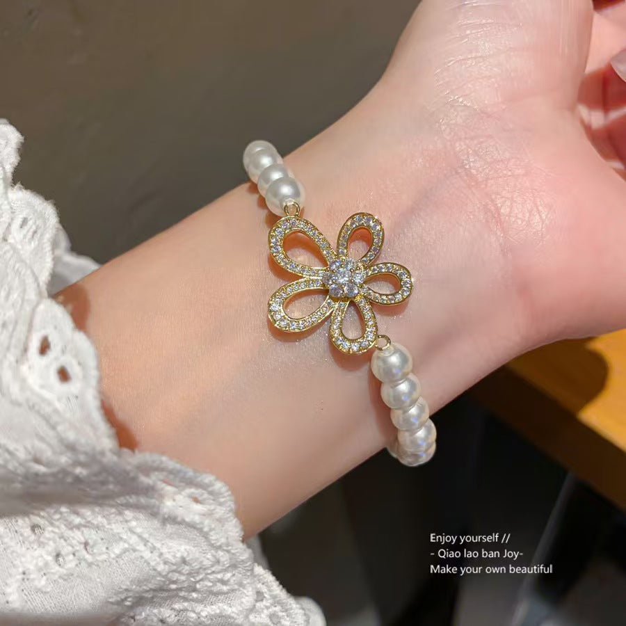 Gold Hollow Flower Zircon Pearl Jewelry Set, Stud Earrings + Pearl Choker Necklace Women Luxury Wedding Daily Suit