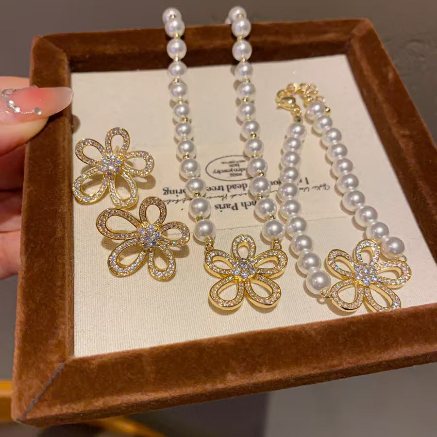 Gold Hollow Flower Zircon Pearl Jewelry Set, Stud Earrings + Pearl Choker Necklace Women Luxury Wedding Daily Suit