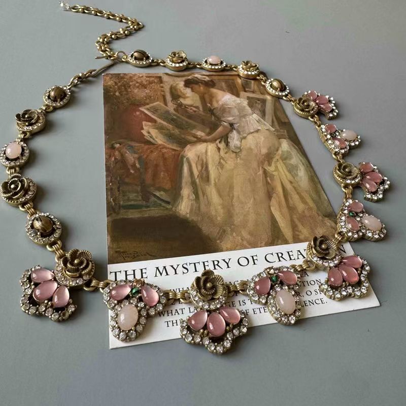 Vintage Baroque Pink Gem Flower 2Pcs Jewelry Set Necklace Drop Earrings Luxury Retro Women Statement Suit