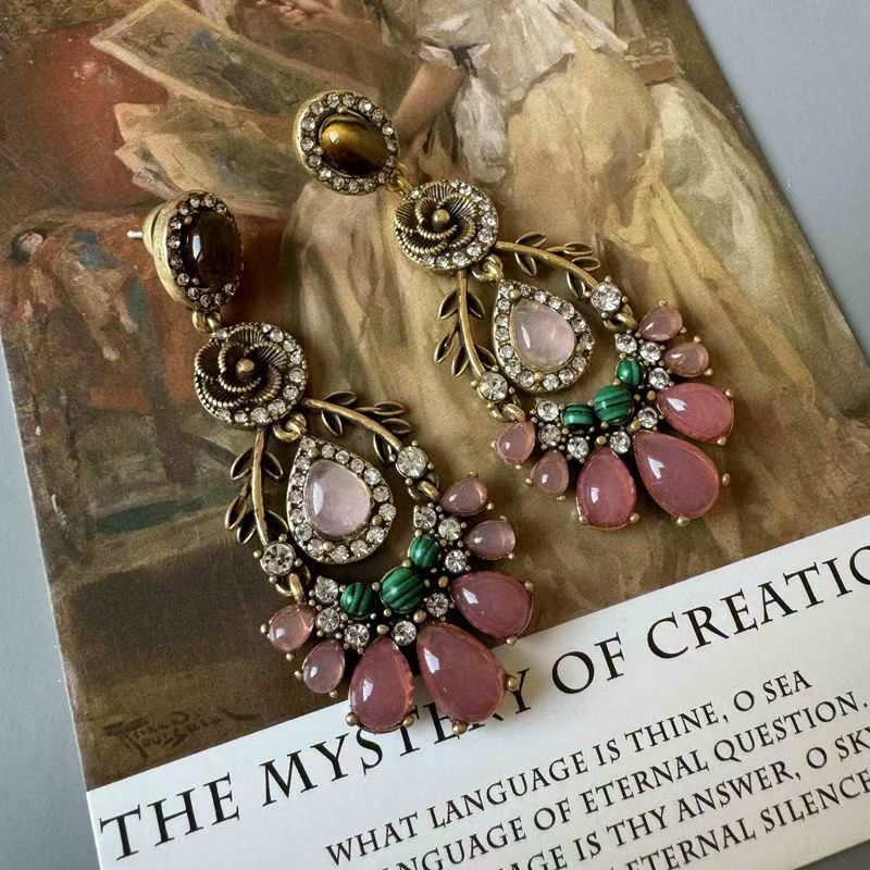 Vintage Baroque Pink Gem Flower 2Pcs Jewelry Set Necklace Drop Earrings Luxury Retro Women Statement Suit
