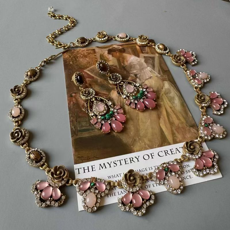 Vintage Baroque Pink Gem Flower 2Pcs Jewelry Set Necklace Drop Earrings Luxury Retro Women Statement Suit