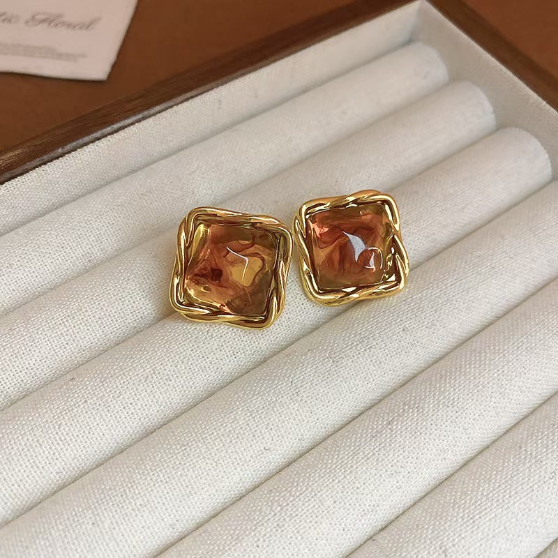 Vintage Amber Square Stud Earrings Gold Border