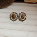 Vintage Tiger Eye Pearl Stud Earrings Antique Gold