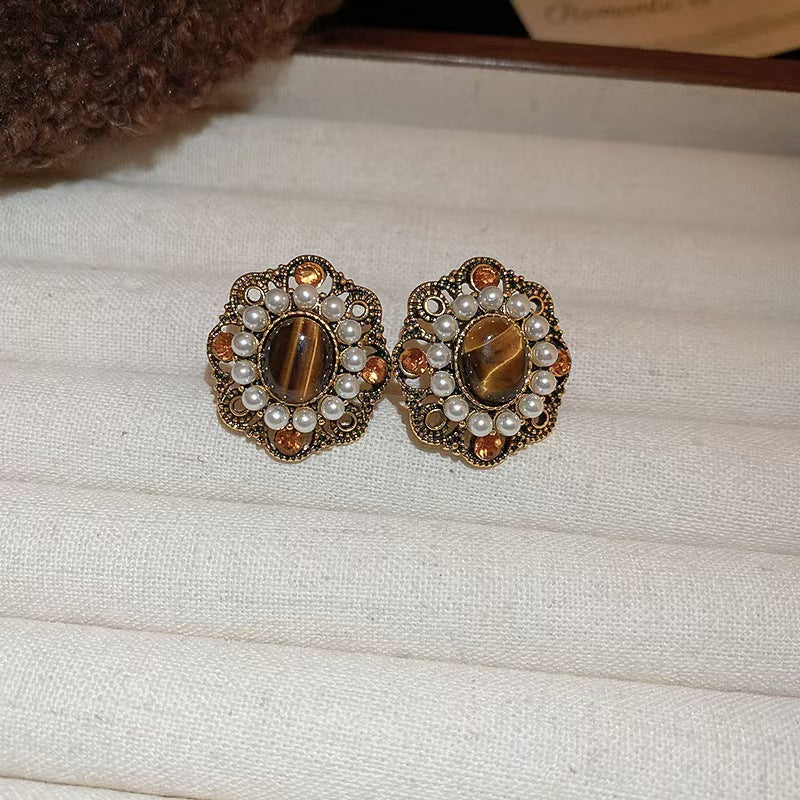 Vintage Tiger Eye Pearl Stud Earrings Antique Gold