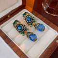 Vintage Blue Crystal Drop Earrings Gold Retro Dangle Earrings