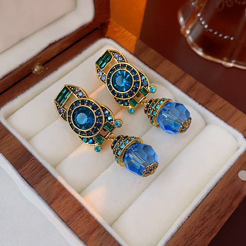 Vintage Blue Crystal Drop Earrings Gold Retro Dangle Earrings