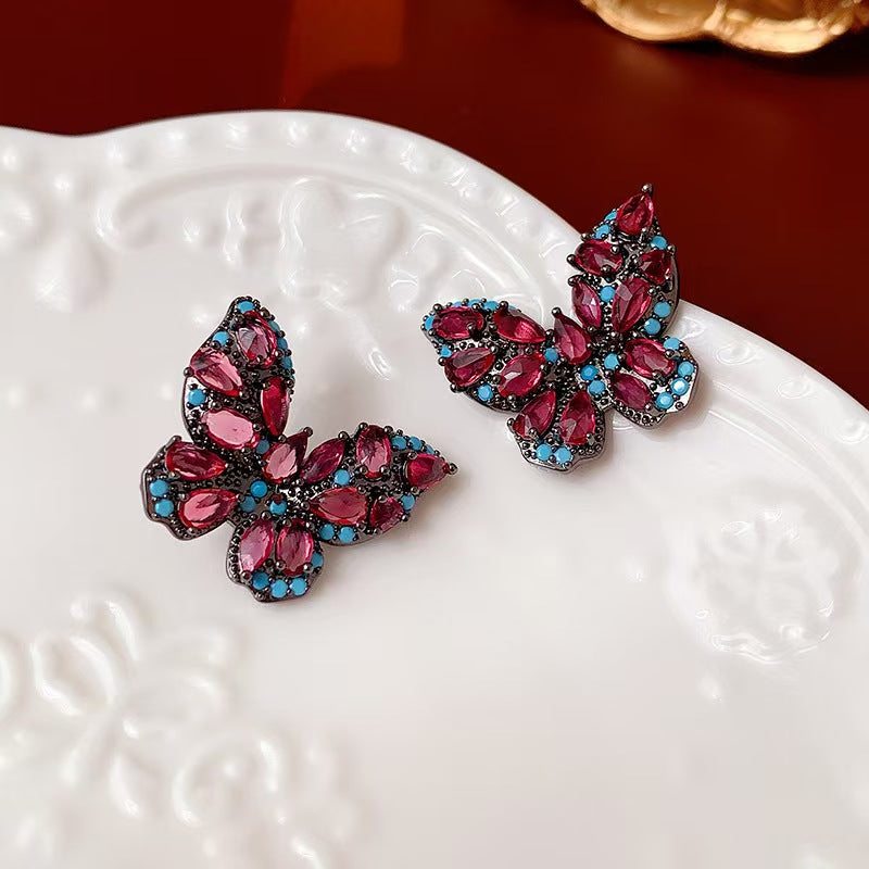 Vintage Red Crystal Butterfly Stud Earrings