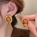 Vintage Amber Oval Gold Stud Earrings
