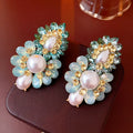 Luxury Pearl Crystal Flower Stud Earrings Vintage Wedding Jewelry