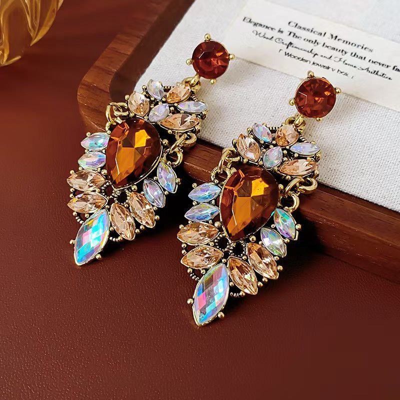 Vintage Amber Crystal Leaf Drop Dangle Earrings