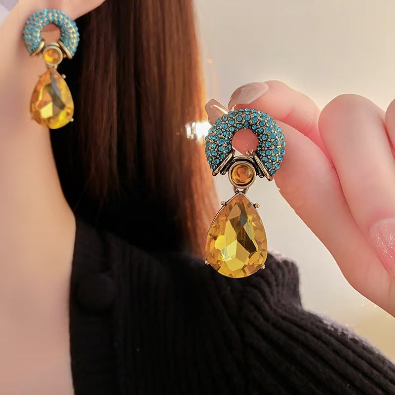 Vintage Turquoise & Yellow Teardrop Crystal Drop Earrings