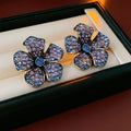 Vintage Purple Blue Crystal Flower Stud Earrings