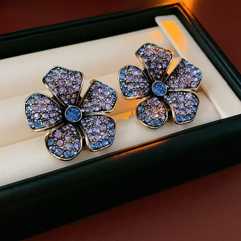 Vintage Purple Blue Crystal Flower Stud Earrings