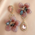 Asymmetric Embroidered Flower Crystal Drop Earrings