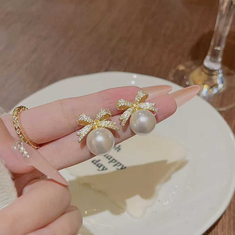 Gold Bow Pearl Zircon Stud Earrings Elegant Daily