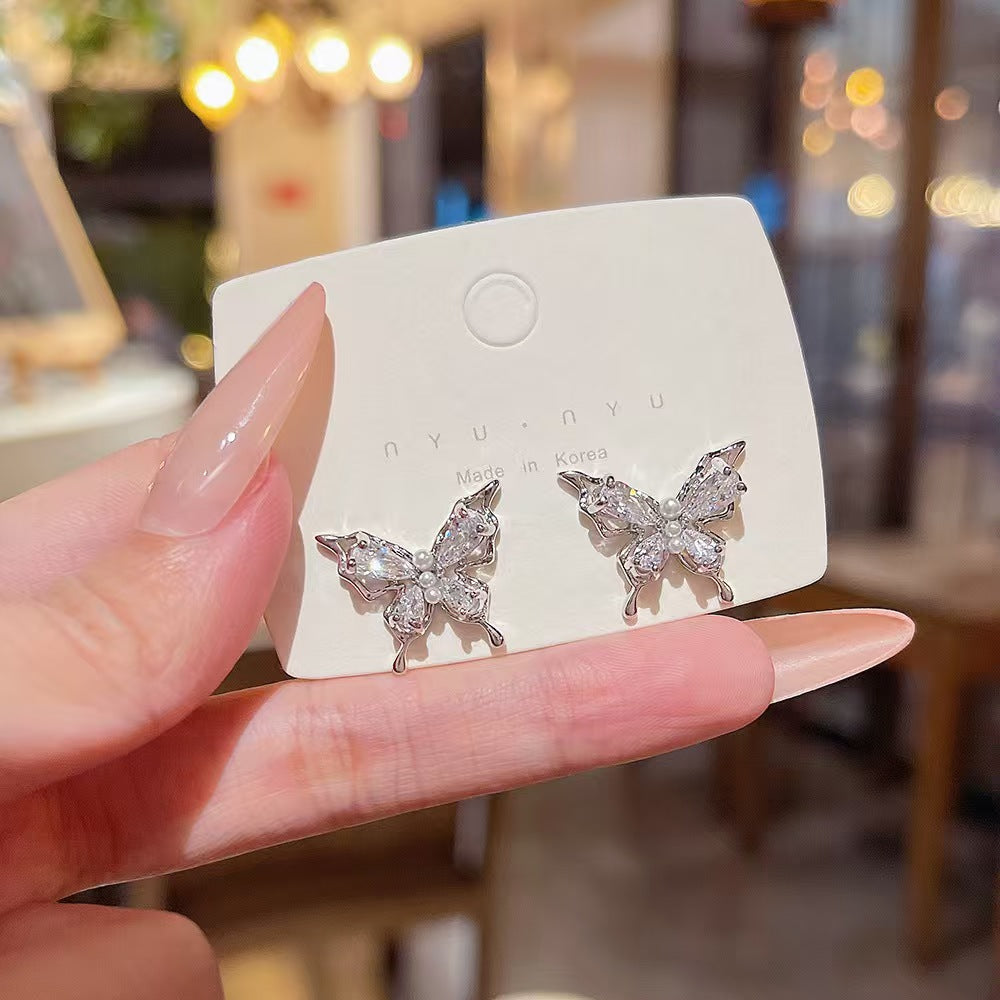 Silver Crystal Butterfly Pearl Mini Stud Earrings