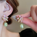 Pink Enamel Flower Green Pearl Drop Earrings